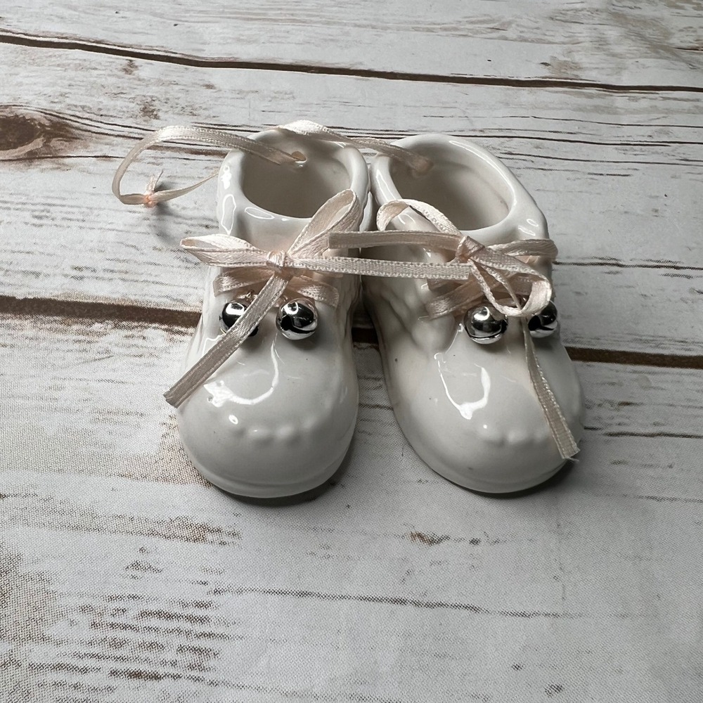 VTG Ceramic Baby Booties White Pink Ribbon Bell Keepsake Figurines OS